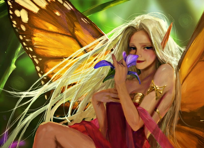 Fee, Flügel, Iris, Kunst, Mädchen, Totorrl, Orange, Lila, Schmetterling, Fantasie, Blume, Grün HD-Hintergrundbild