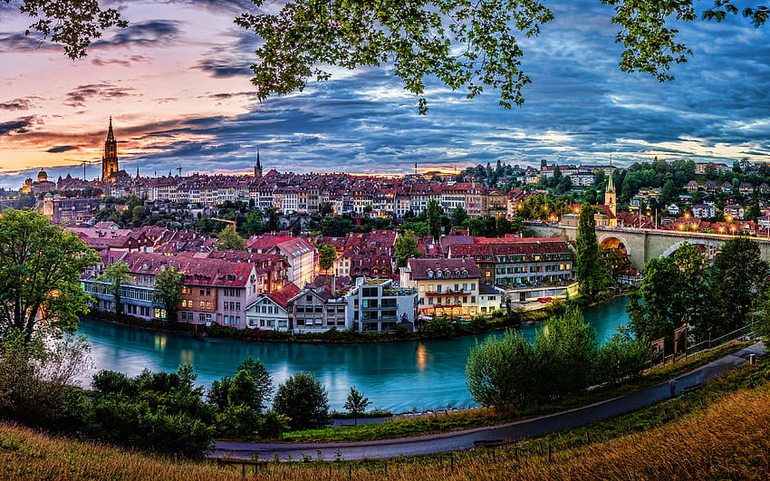 Bern, Schweizer Städte, Fluss Aare, Sonnenuntergang, Skyline-Stadtansichten, Schweiz, Europa, R HD-Hintergrundbild