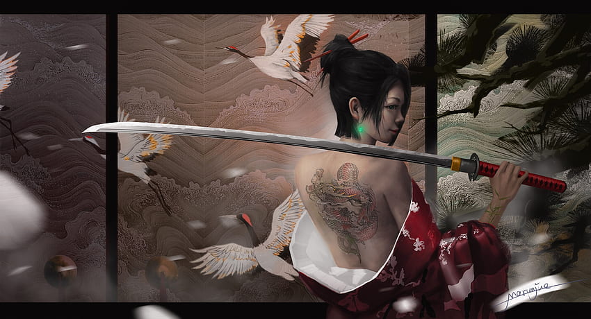 Samurai, Tätowierung, Marunjue, Katana, Pasari, Vogel, Kraniche, Schwert, Mädchen, Fantasie HD-Hintergrundbild