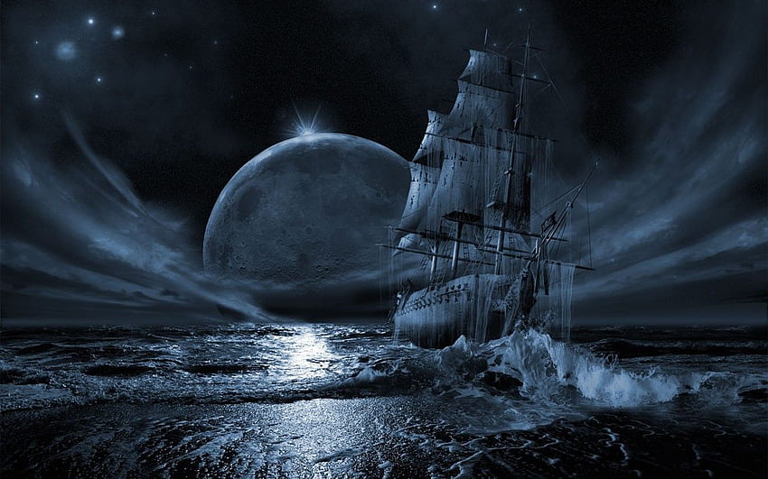 Ocean Seas Stars Pirate Ship Moon Ships Vehicles, Ships at Night HD wallpaper