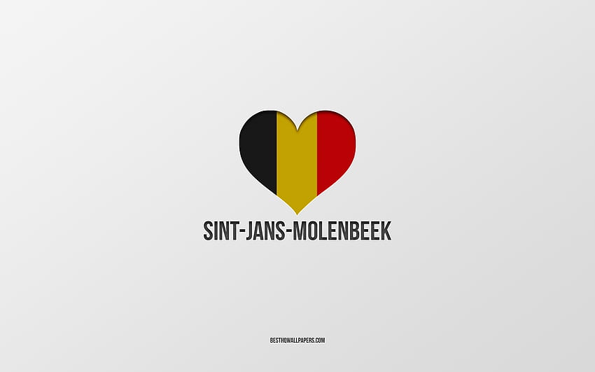 I Love Sint-Jans-Molenbeek, ベルギーの都市, シント・ヤンス・モレンベークの日, 灰色の背景, シント・ヤンス・モレンベーク, ベルギー, ベルギー国旗のハート, お気に入りの都市, シント・ヤンス・モレンベークが大好き 高画質の壁紙