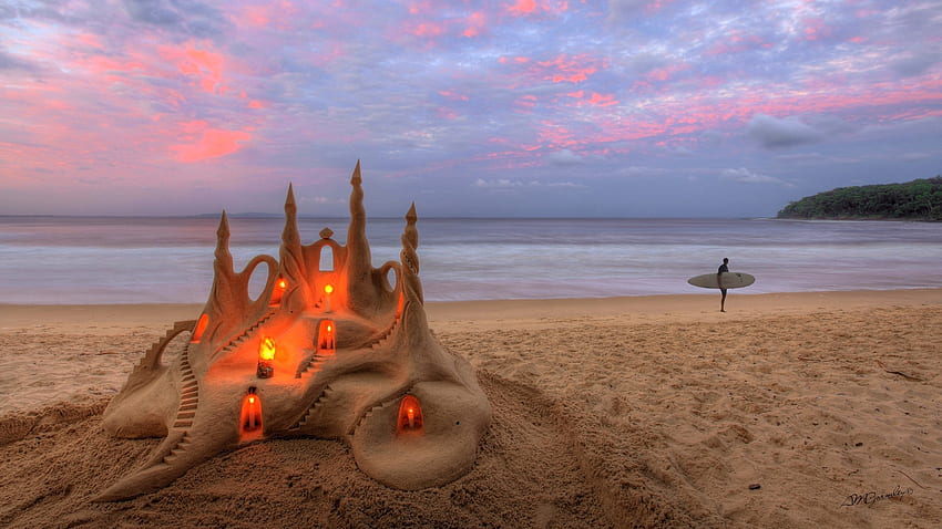 made of sand, sea, sand, tower, candles, castle, sunset HD wallpaper