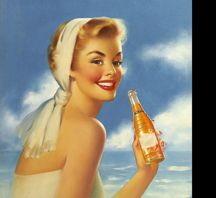 Napij się!, niebieski, morze, sok, dziewczyna, piękny, ludzie, pomarańcza, kobieta, retro, szczęśliwy, woda, napój Tapeta HD