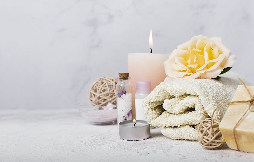 flower, towel, candles, soap, Spa, aroma oil for , section разное, Aromatherapy HD wallpaper