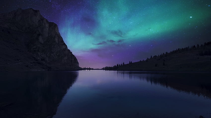 aurora borealis on a stary night, night, stars, mountains, lake, aurora borealis HD wallpaper