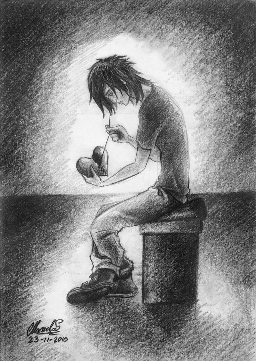 Broken heart sad , cartoon, drawing, sketch, illustration, black and white,  sitting, graphy, monochrome, art, artwork HD phone wallpaper | Pxfuel