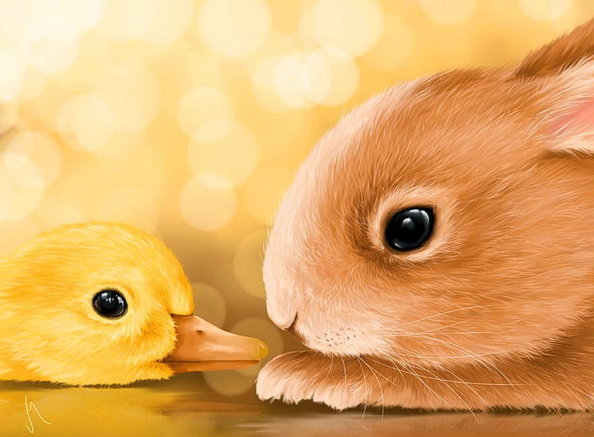 Happy easter, cute, holiday, painting, animals, happy, adorable, rabbit, friends, sweet, art, beautiful, bunny, pretty, yellow, kiss, easter, duckling HD wallpaper