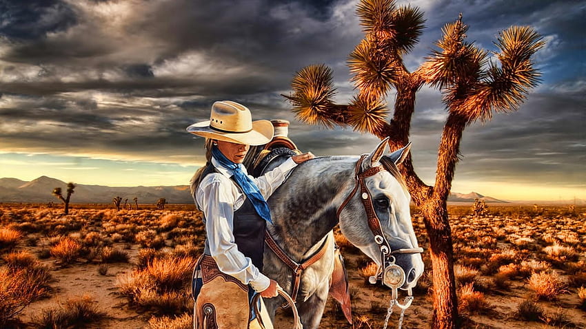 Cowgirl~, cowgirl, boots, chaps, saddle, horse, hat, brunette, mountain,  water, HD wallpaper | Peakpx