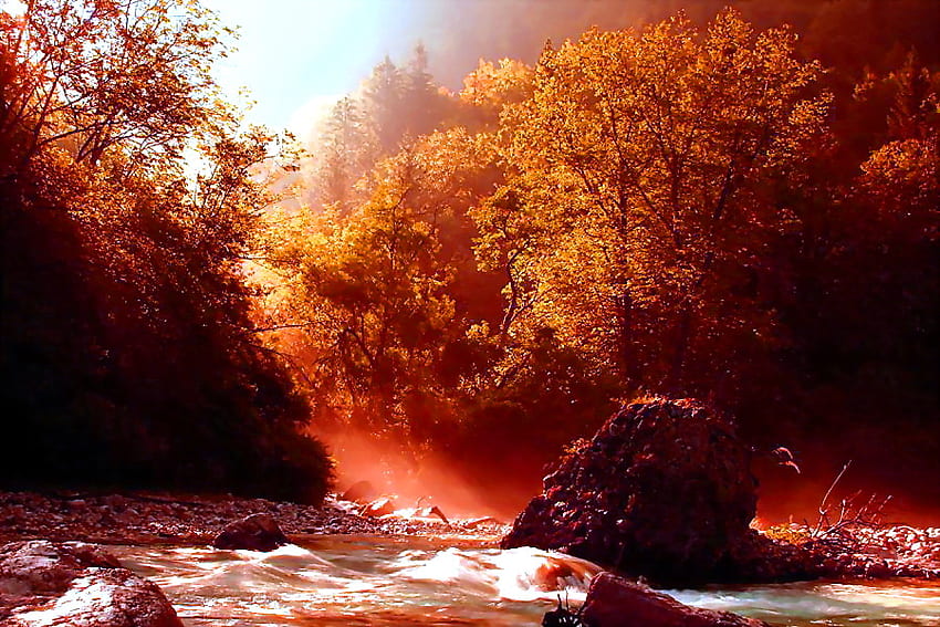 Rivière d'octobre, rivière, couleur, rouge, arbres, automne, orange, rochers Fond d'écran HD