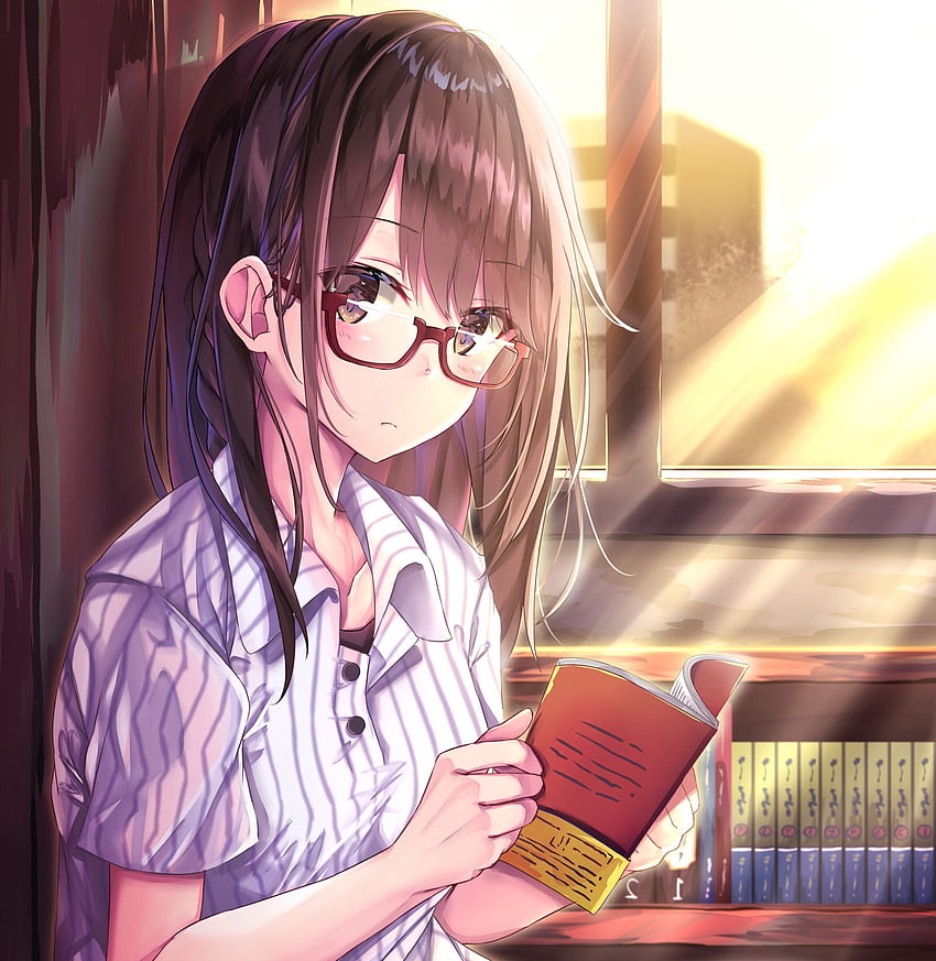 アニメの女の子, かわいい, 読書, 萌え, 茶髪, めがねっこ, 日光 - Resolution:, Anime Girl Reading HD電話の壁紙