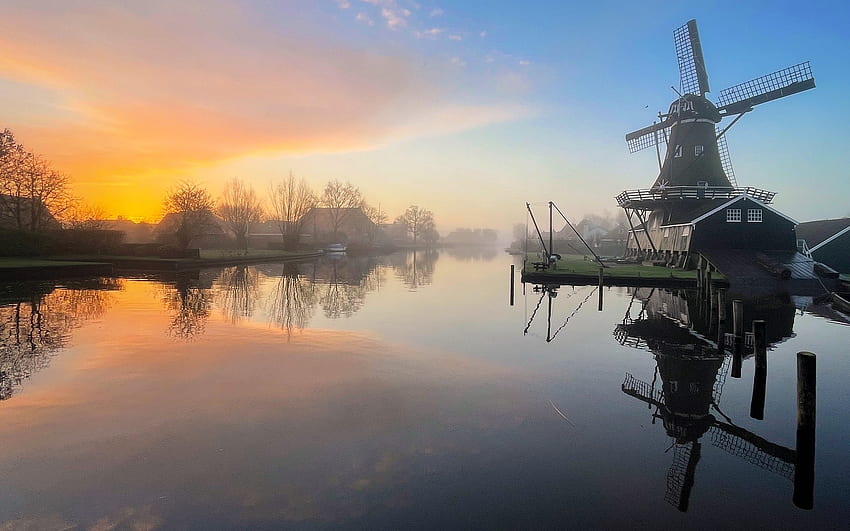 Windmill in Friesland, houses, water, windmills, mist, canal, Netherlands HD wallpaper