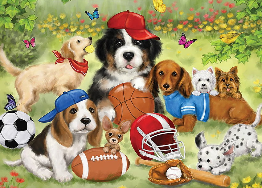 スポーティーな子犬、ボール、絵画、帽子、蝶、犬、花 高画質の壁紙