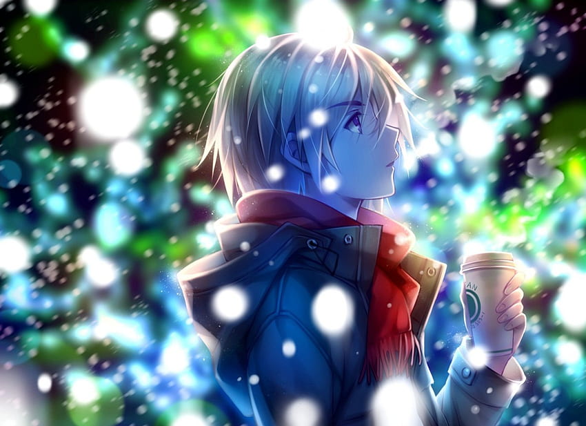 Snowy Day, art, cold, caot, kawaii, anime, snow, snowing, original, cool, scarf, coffe, anime boy HD wallpaper