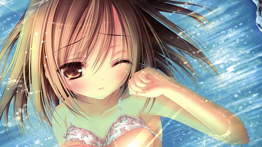Kashii Airi, anime girl, sad, anime, wink, blush, bruntess, water HD wallpaper