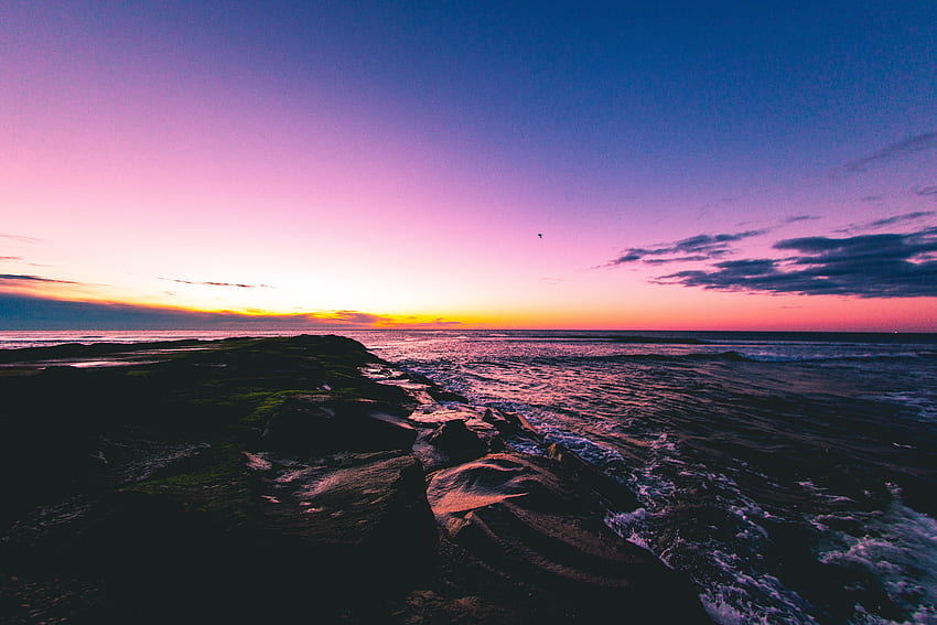 naturaleza, puesta del sol, piedras, mar, orilla, banco fondo de pantalla