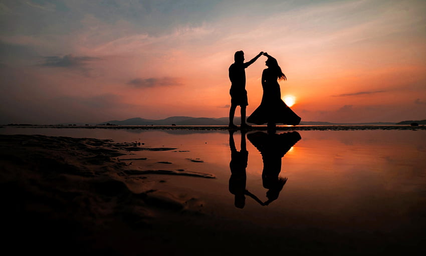 Sunset, Beach, Love, Dance, Dark, Couple, Pair, Silhouettes HD wallpaper