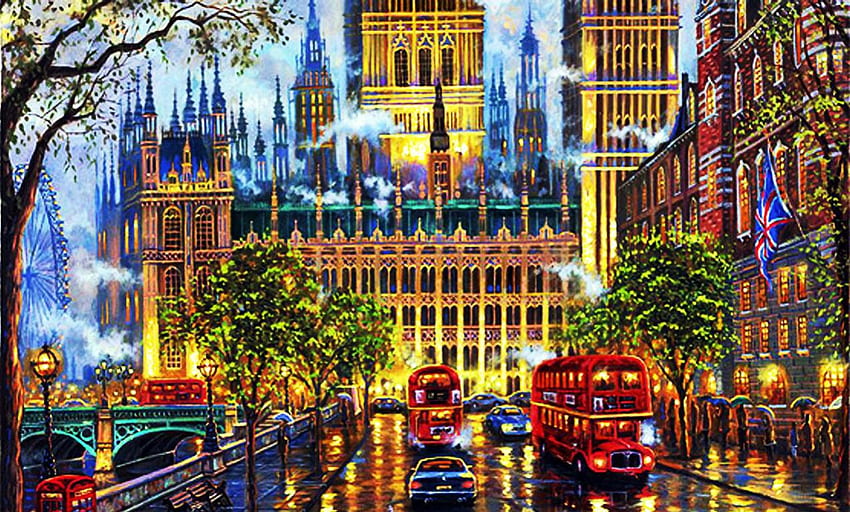 O Palácio de Westminster, Londres, obras de arte, edifícios, pintura, cidade, carros, rua, árvores, ônibus papel de parede HD