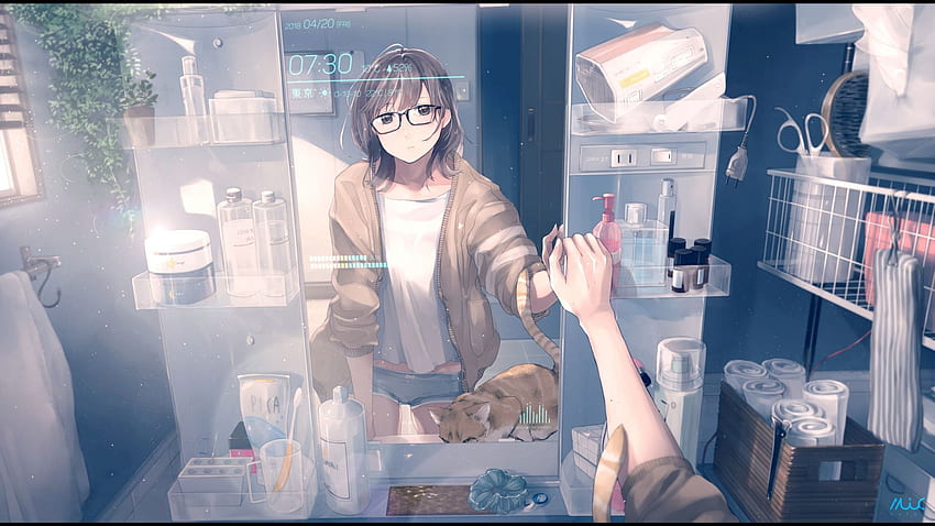 bathroom, anime girl, reflections, mirror, original, , , background, cc80fc HD wallpaper