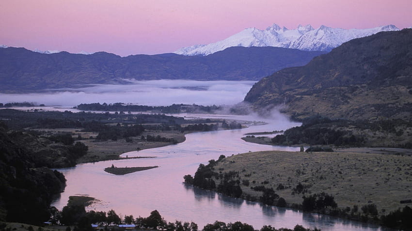 baker river in the chilean patagonia, river, fog, mountains, pink sky HD wallpaper