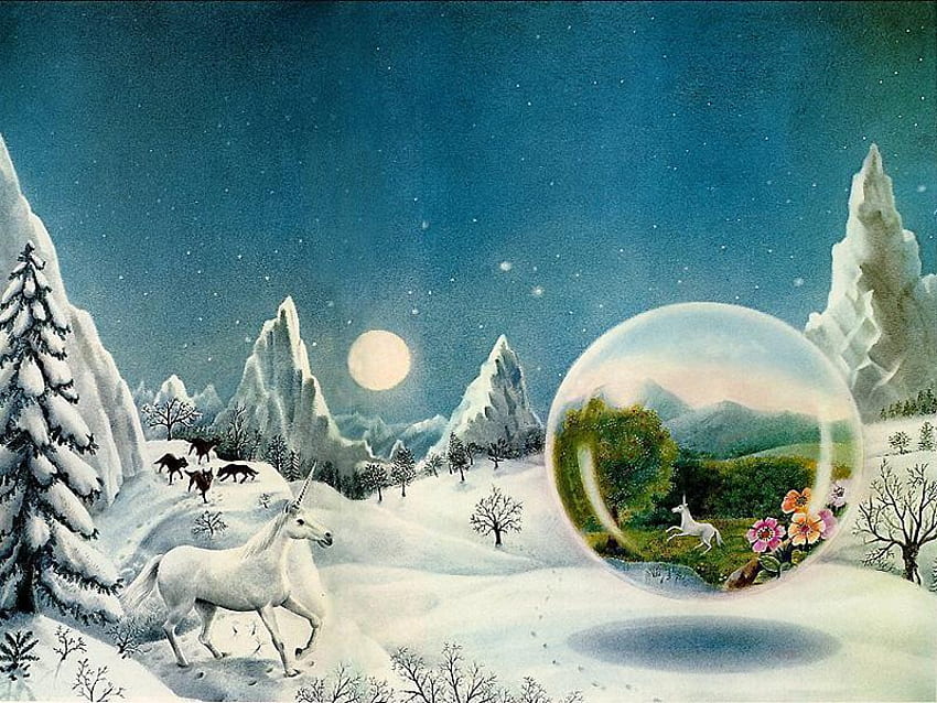 Unicorn in Wonderland, winter, wolves, reflection, fantasy, unicorn HD wallpaper
