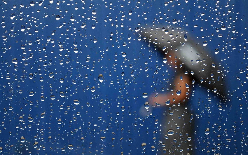 外は雨が降っています、青、傘、窓、雨 高画質の壁紙