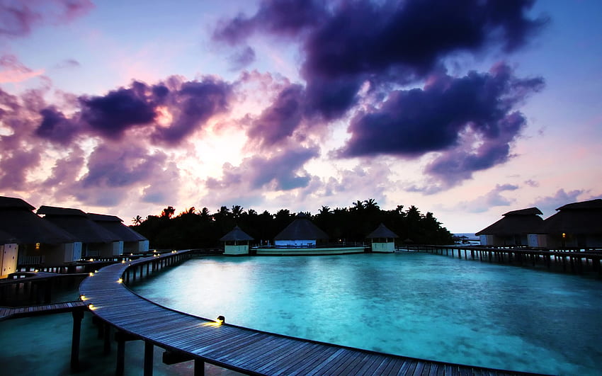 salida del sol, mañana, palmeras, piscina, estancia, Maldivas fondo de pantalla