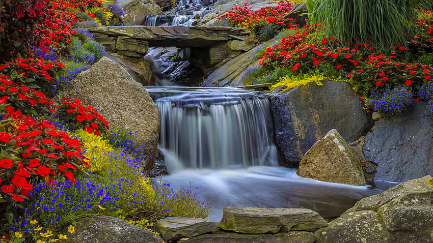 Водни каскади в парк, waterf, парк, водопад, градина, красиво, цветя, камъни HD тапет