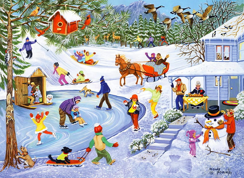 Férias de inverno, inverno, crianças, Diversão, arte, crianças, bonita, casas, boneco de neve, trenó, jogando, pintura, neve, pausa, alegria, aldeia papel de parede HD
