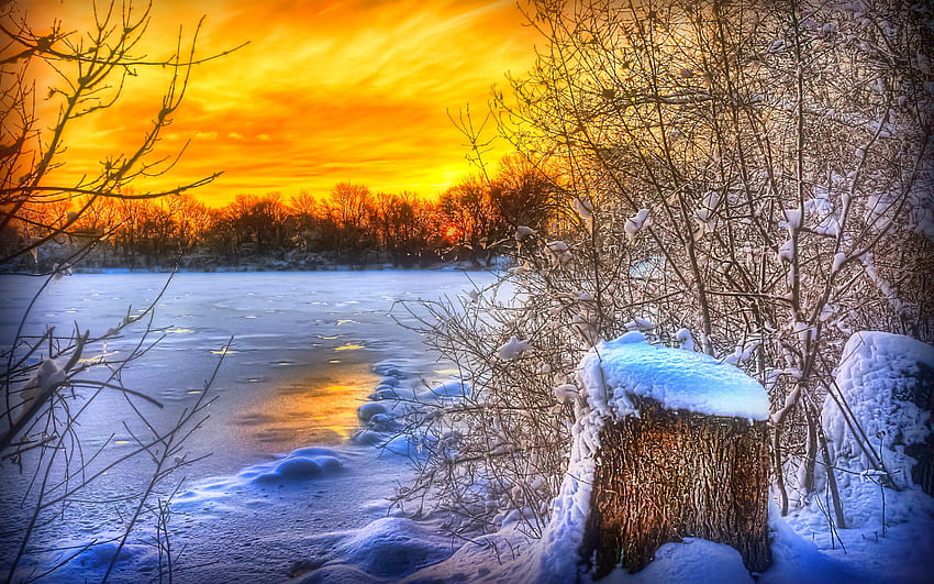 Tramonto sul fiume, inverno, natura, tramonto, fiume Sfondo HD