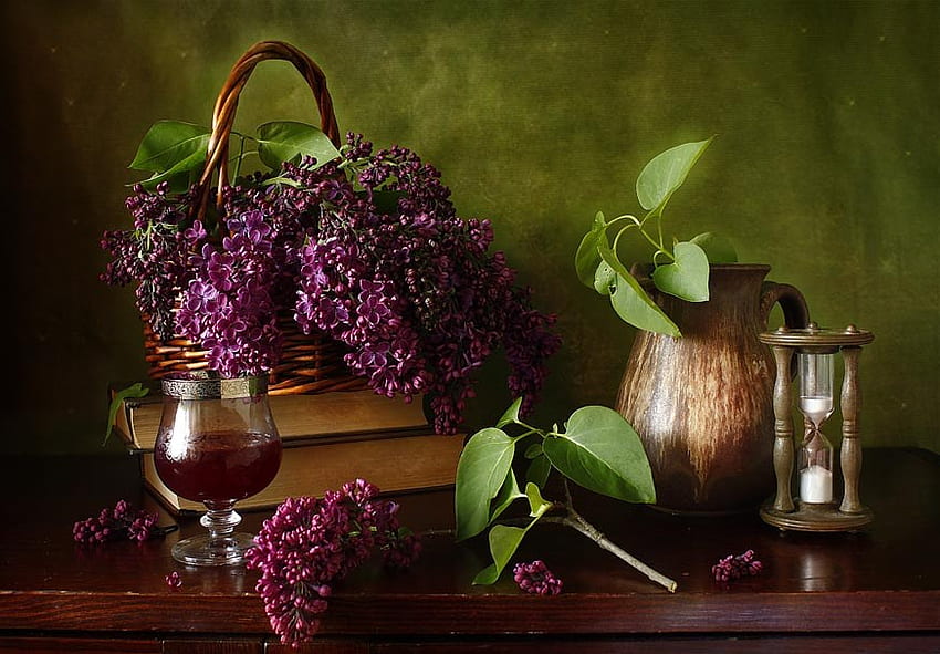 Still Life, colors, basket, purple, leaves, pretty, glass, nature, flowers, lovely, lilac HD wallpaper