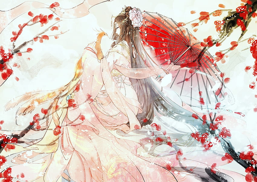 Miracle Nikki, white, asian, art, miemia, girl, spring, pink, anime, flower, sakura, red, manga HD wallpaper