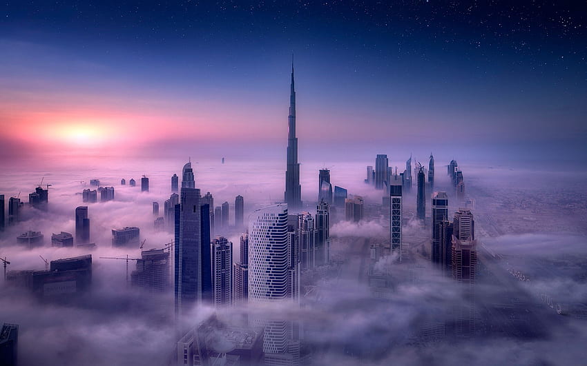 cityscape burj khalifa dubai city sunrise mist skyscraper building long exposure tower clouds sky . Mocah HD wallpaper