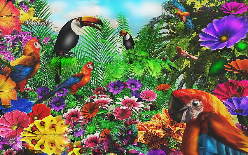Forest Friends, birds, animals, tropical, colors, flowers, ferns, Jungle, forest HD wallpaper