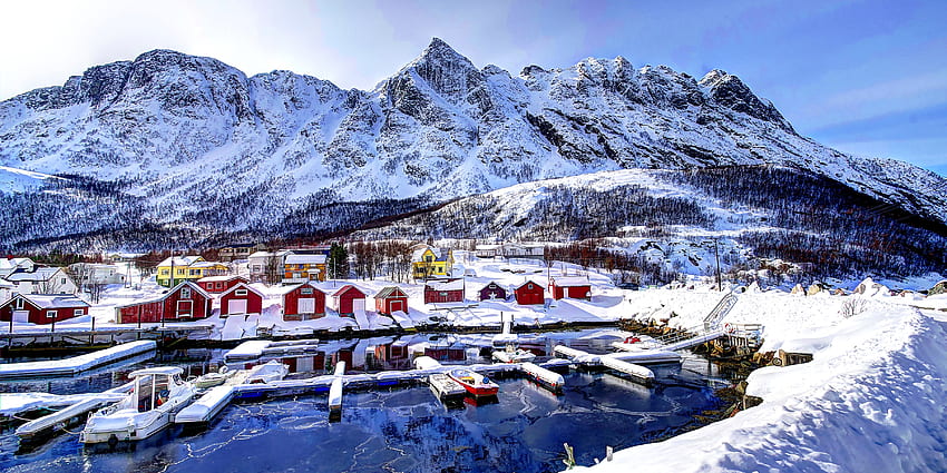 Miasta, zima, góry, śnieg, budynek, Norwegia, zatoka Tapeta HD