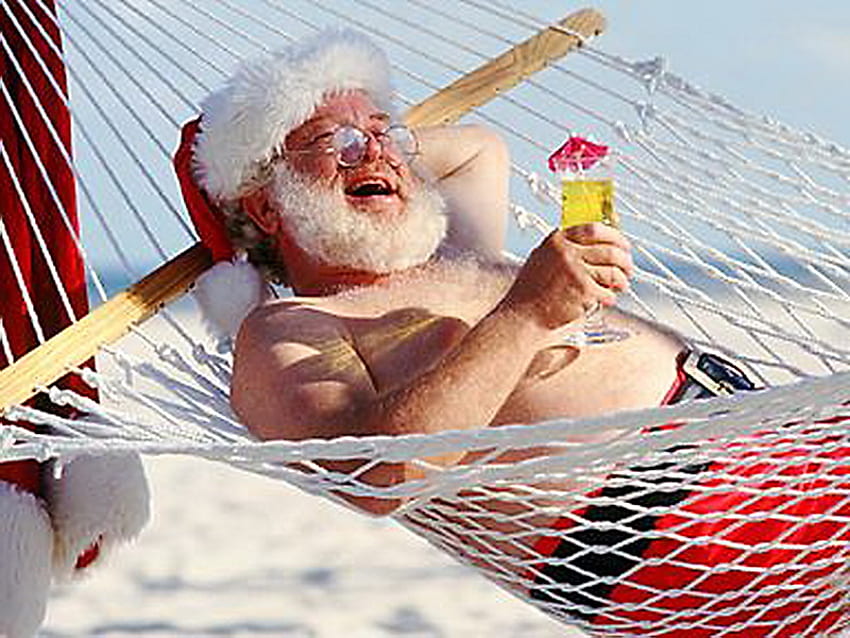 Boxing Day dla Świętego Mikołaja, relaksujący, słoneczny, hamak, zimny napój, Święty Mikołaj Tapeta HD