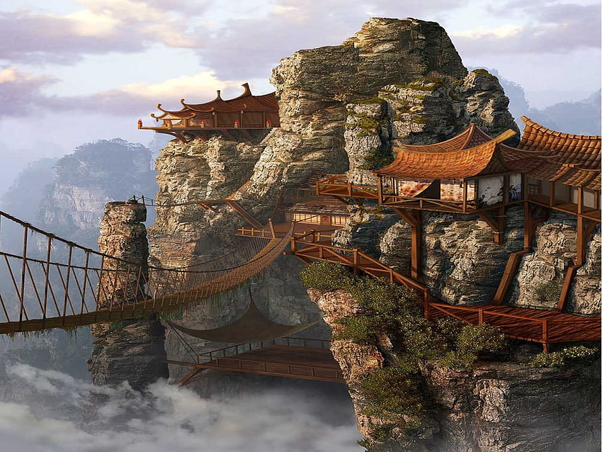 paintings, clouds, China, mist, buildings, Chinese, realistic, asian, Ancient Chinese HD wallpaper