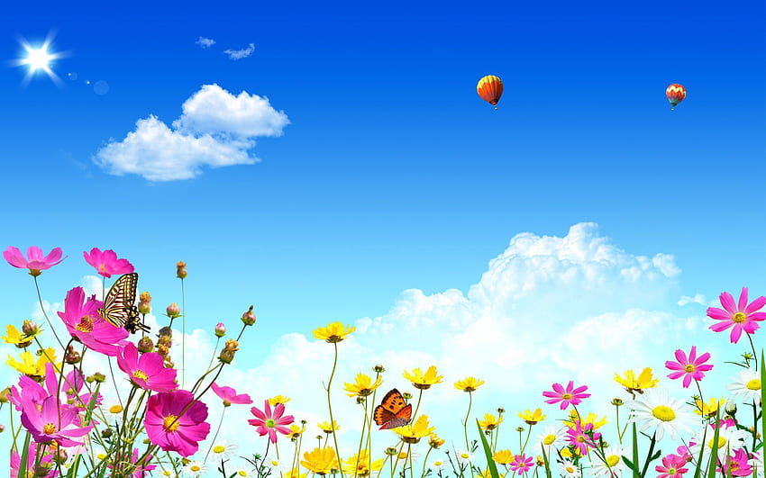 Vector, Butterflies, Flowers, Sky, Balloons HD wallpaper