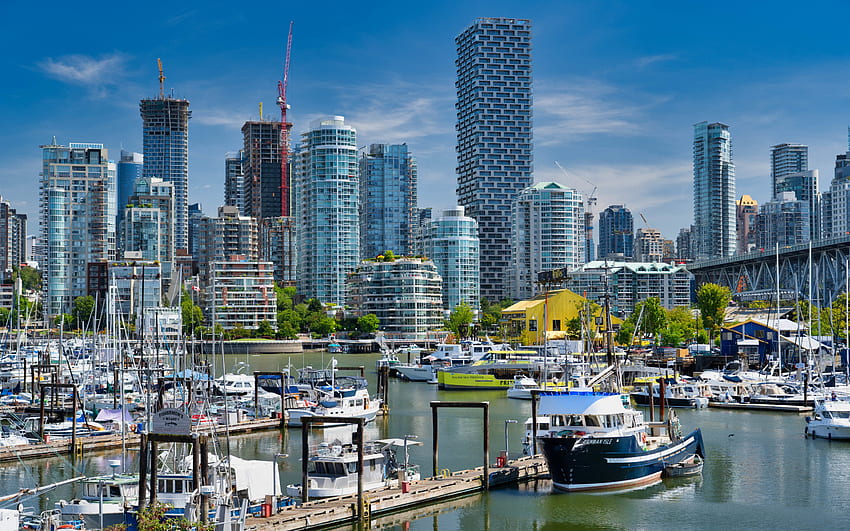 밴쿠버, 고층 빌딩, 현대 건물, 만, 요트, 범선, 밴쿠버 도시 풍경, 캐나다 HD 월페이퍼