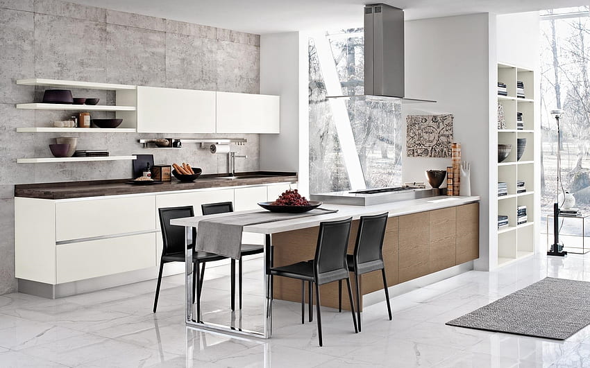 stylowy projekt kuchni, nowoczesny wystrój wnętrz, kuchnia w stylu loftu, betonowe szare ściany w kuchni, projekt kuchni na poddaszu, pomysł na kuchnię Tapeta HD