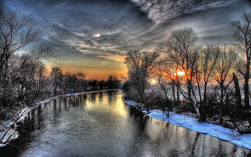 Sunset Winter River Banks With The Willow Trees Snow Sky Clouds HD wallpaper