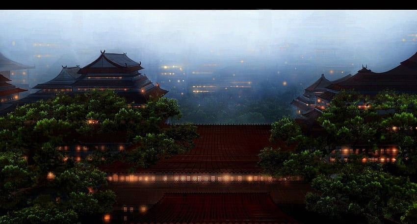 Other: China Twilight View Chinese City Zenlike Lights Trees HD wallpaper