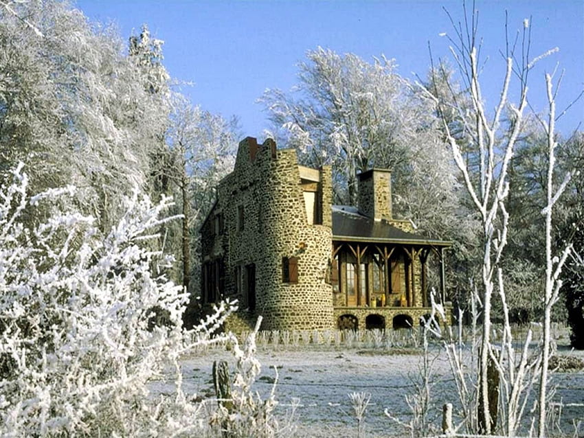 Casa con estilo, invierno, edificio, nieve, hielo. fondo de pantalla