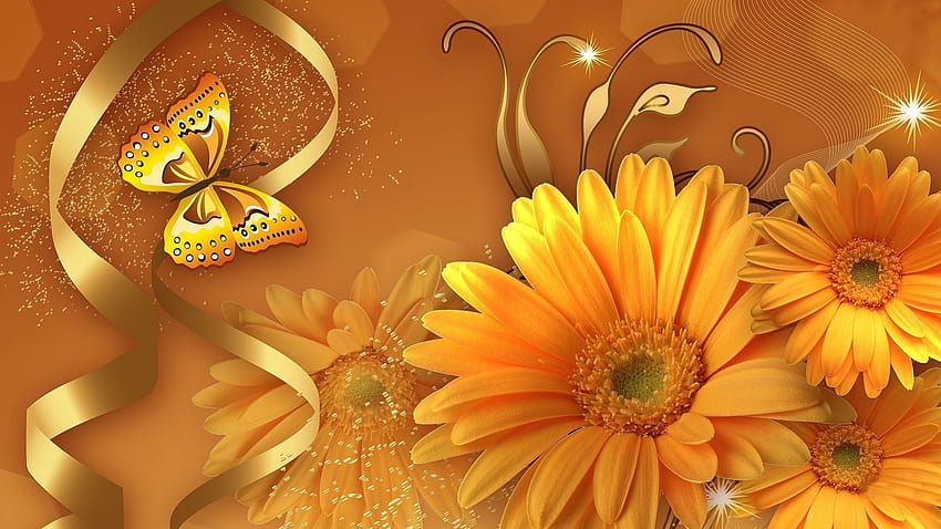 Arte da flor, colorido, cores, girassol, marrom, borboleta, flor, incrível, esplendor, adorável papel de parede HD