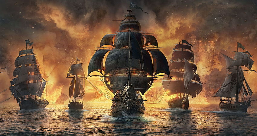 Череп и кости, море, златно, кораб, черно, пират, ubisoft, фентъзи, игра, luminos, вода, огън HD тапет