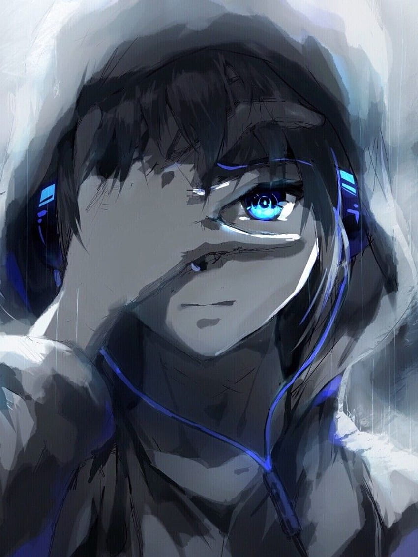 AI Image Generator Hot anime boy blue hoodie hood over head blue hair  black eyes laughing expression