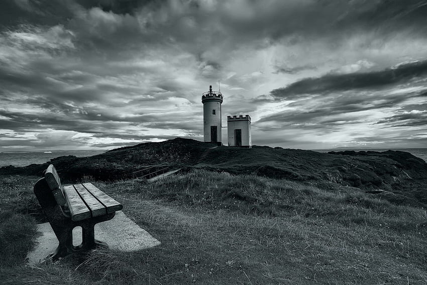 Lighthouse sea bench landscape sky, Black and White Landscape HD wallpaper