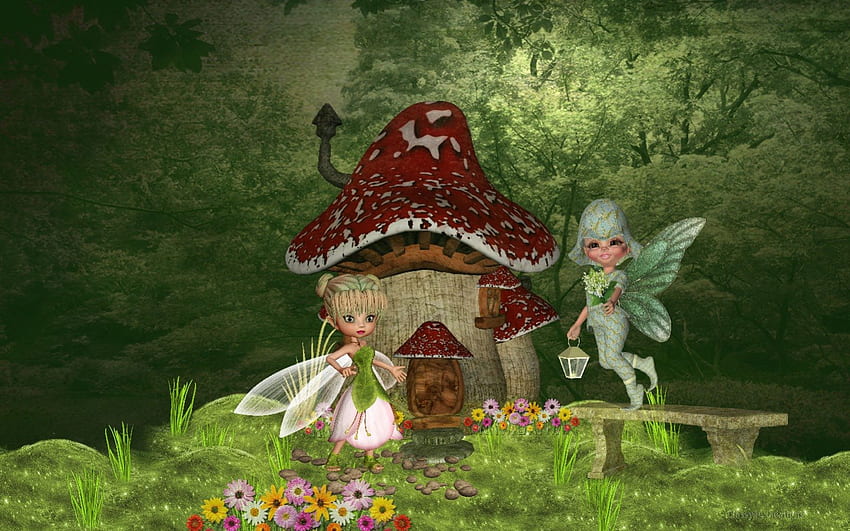 Night Time In Fairyland, night, wings, white, mushroom, purple, pink, fantasy, pretty, magical, green, yellow, trees, flowers, fairies, cottage, fairyland HD wallpaper