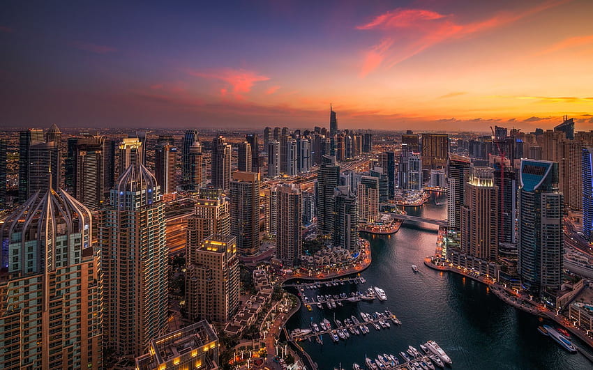 Dubaj, wieczór, zachód słońca, nowoczesna architektura, nowoczesne budynki, metropolia, Zjednoczone Emiraty Arabskie z rozdzielczością. Wysoka jakość Tapeta HD