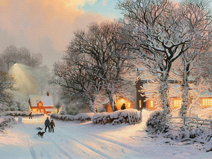 村の雪、冬、休日、雪、クリスマス、村、木 高画質の壁紙