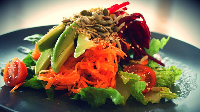 Salad, Lettuce, tomato, avocado, sesame seeds, carrots, sunflower seeds, Food HD wallpaper